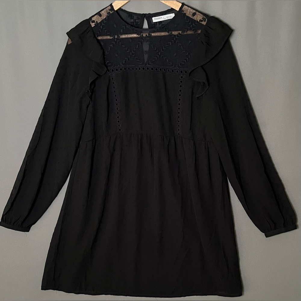 Pull & Bear M Black Coquette Sheer Long Sleeve Ruffle Dress